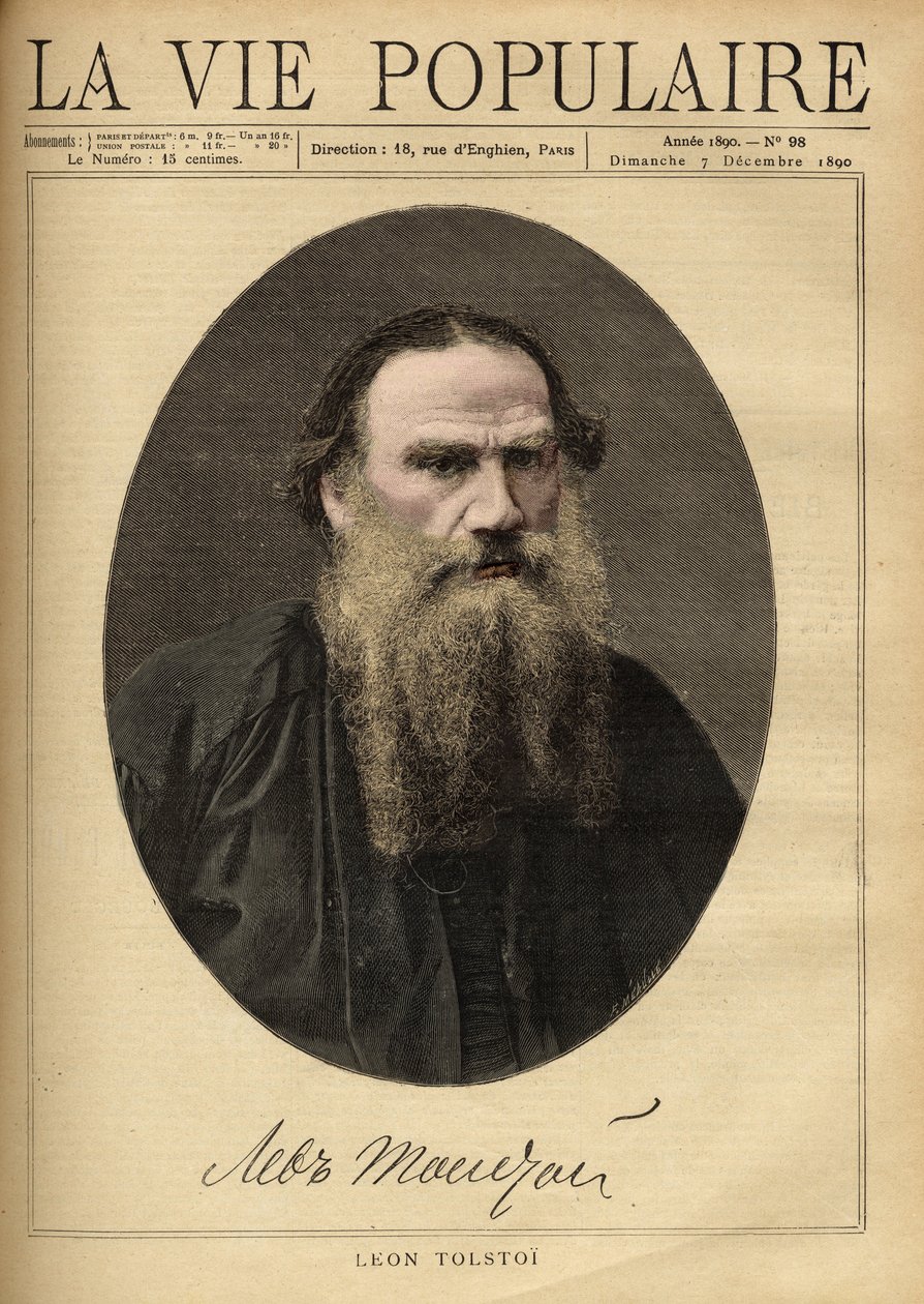 ロシアの作家、レオン・トルストイ（1828-1910）の肖像。F. Meaulleによるイラスト。1890年に出版された「La vie populaire」に掲載された版画。個人蔵 作： フォーチュンルイモーレ
