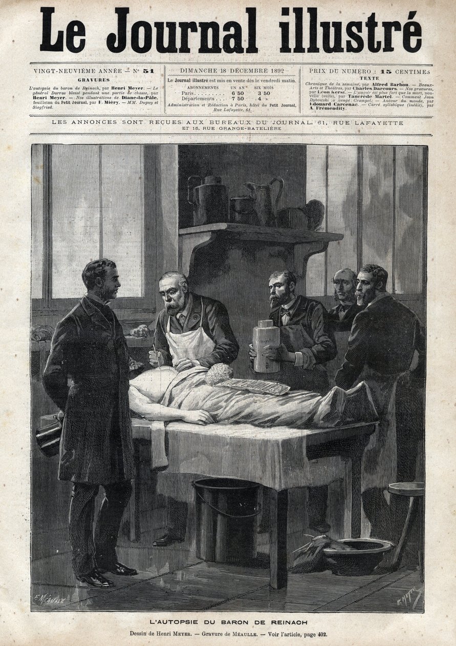 1892年に行われたジャック・ドゥ・ライナッハ男爵（1840-1892）の解剖 - 1892年の『The Illustrous Journal』に掲載されたMeaulleによる刻印 作： フォーチュンルイモーレ