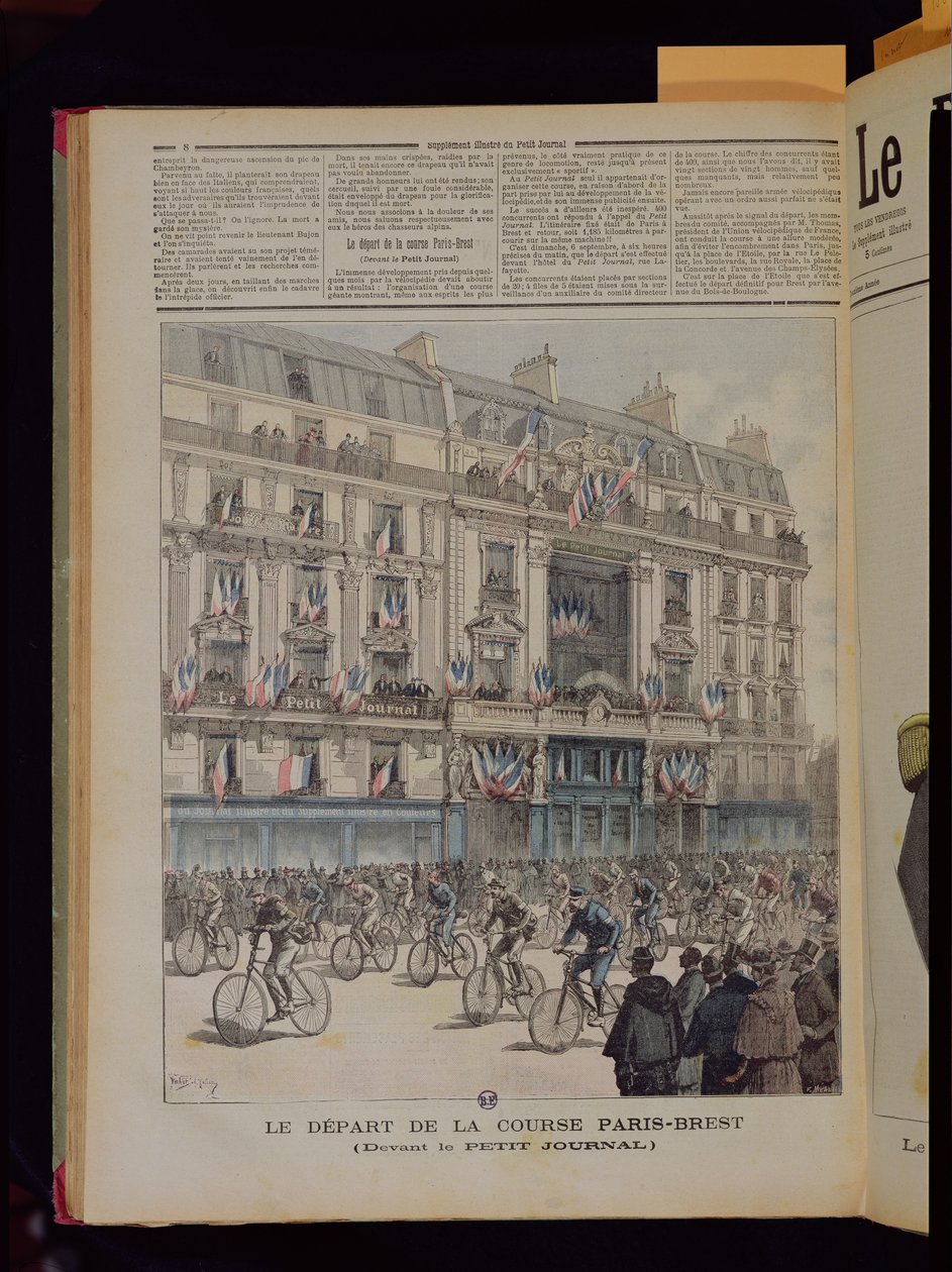 1891年9月15日、同名の雑誌のイラスト「Le Petit Journal」のオフィスの前でのパリブレスト自転車レースの開始 作： フォーチュンルイモーレ