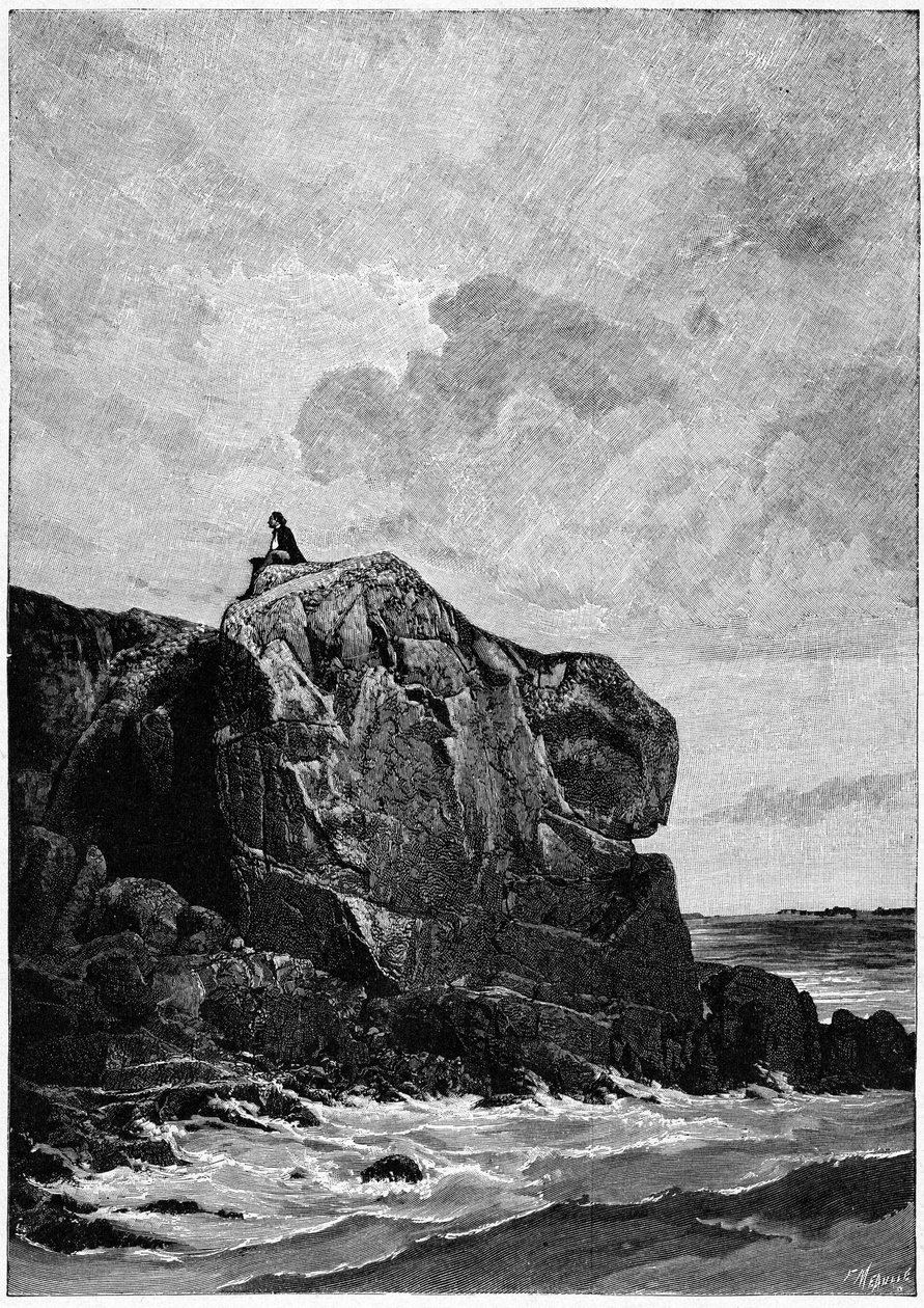 1855年、ジャージー島に亡命中のヴィクトル・ユーゴー。ルイ・フォーチュン・モーレ（1844-1901）のエングレーヴィング：「私は思う、il grave"。 作： フォーチュンルイモーレ