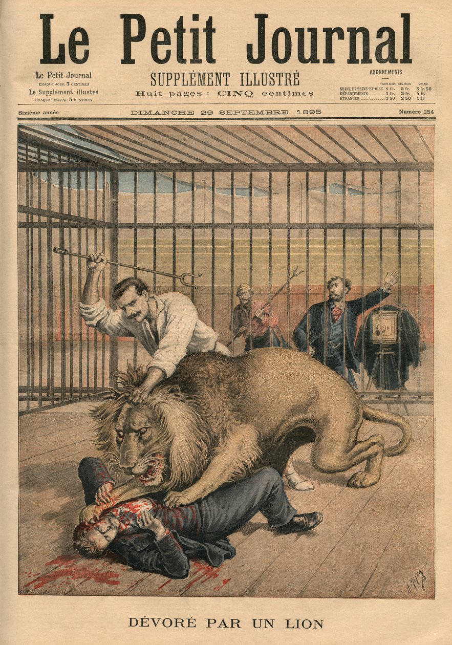 1895年9月29日、ライオンに貪り食われた 『ル・プチ・ジャーナル』の表紙イラスト、サプリメント・イラストレーター 作： フォーチュンルイモーレとアンリマイヤー