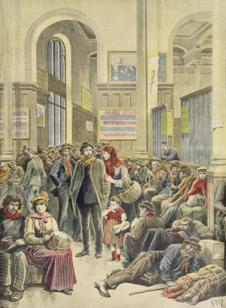 サン・ラザール駅でのイタリア移民、1896年3月29日「Le Petit Journal」より 作： フォーチュンルイモーレとアンリマイヤー