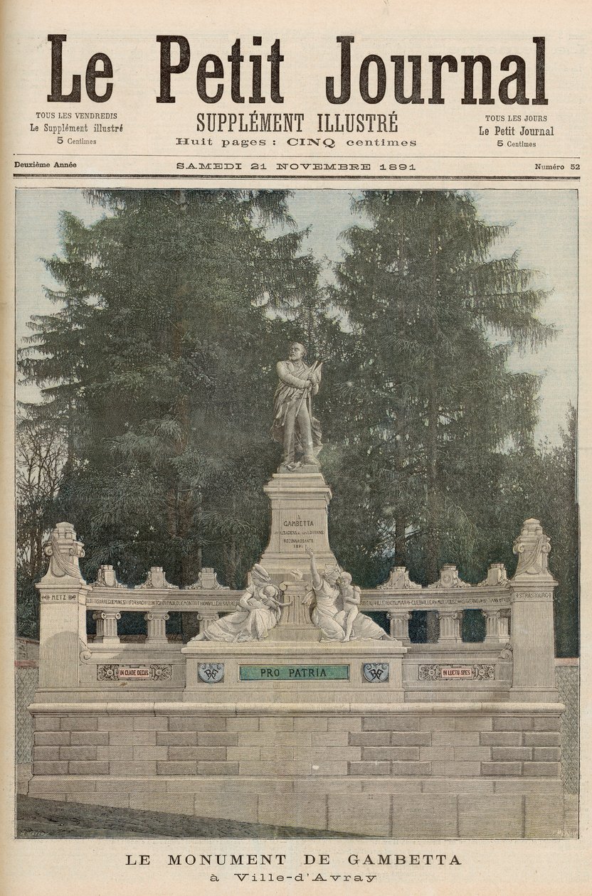 1891年11月21日、「Le Petit Journal」より、ヴィルダヴレーでのガンベッタの記念碑 作： フォーチュンルイモーレとアンリマイヤー
