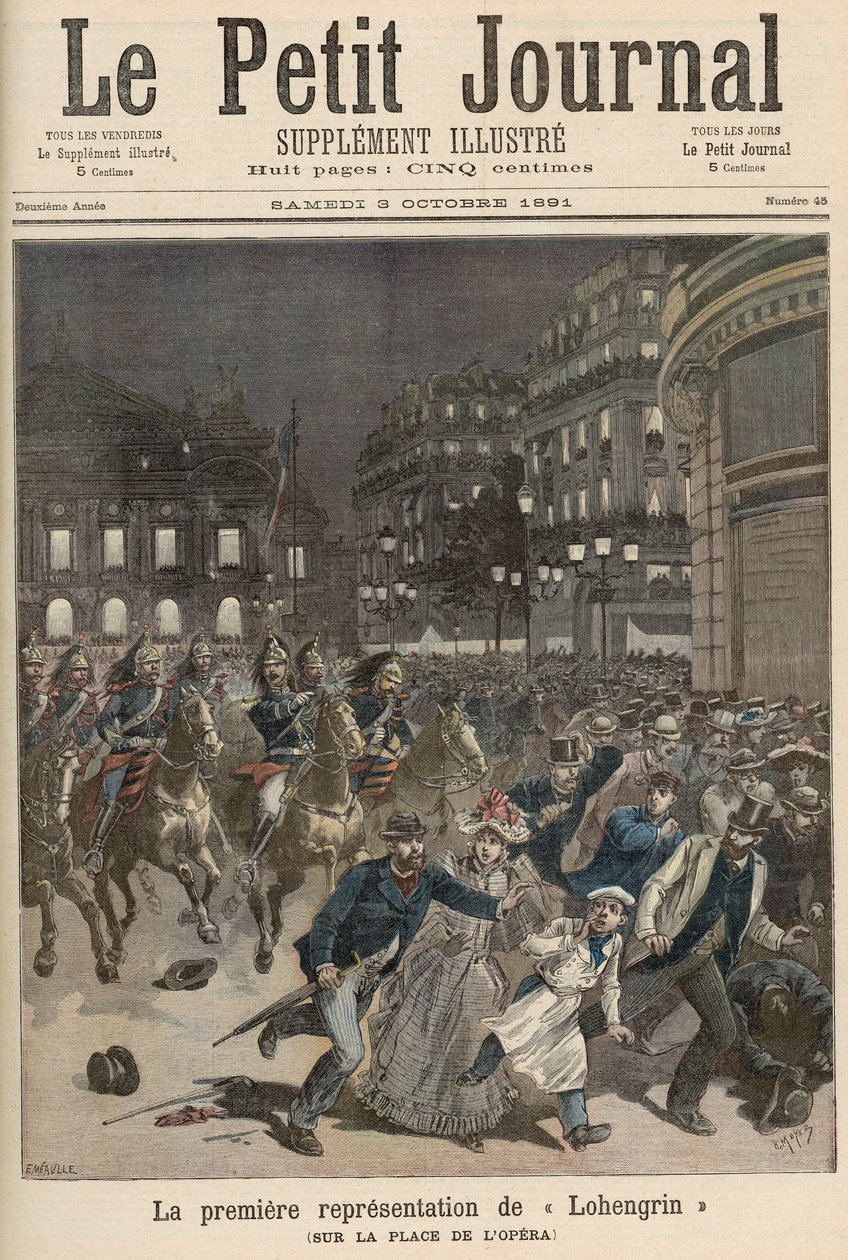 1891年10月3日の「ルプティジャーナル」より、ガルニエ宮での「ロエングリン」のパフォーマンスに反対するパリの暴動 作： フォーチュンルイモーレとアンリマイヤー