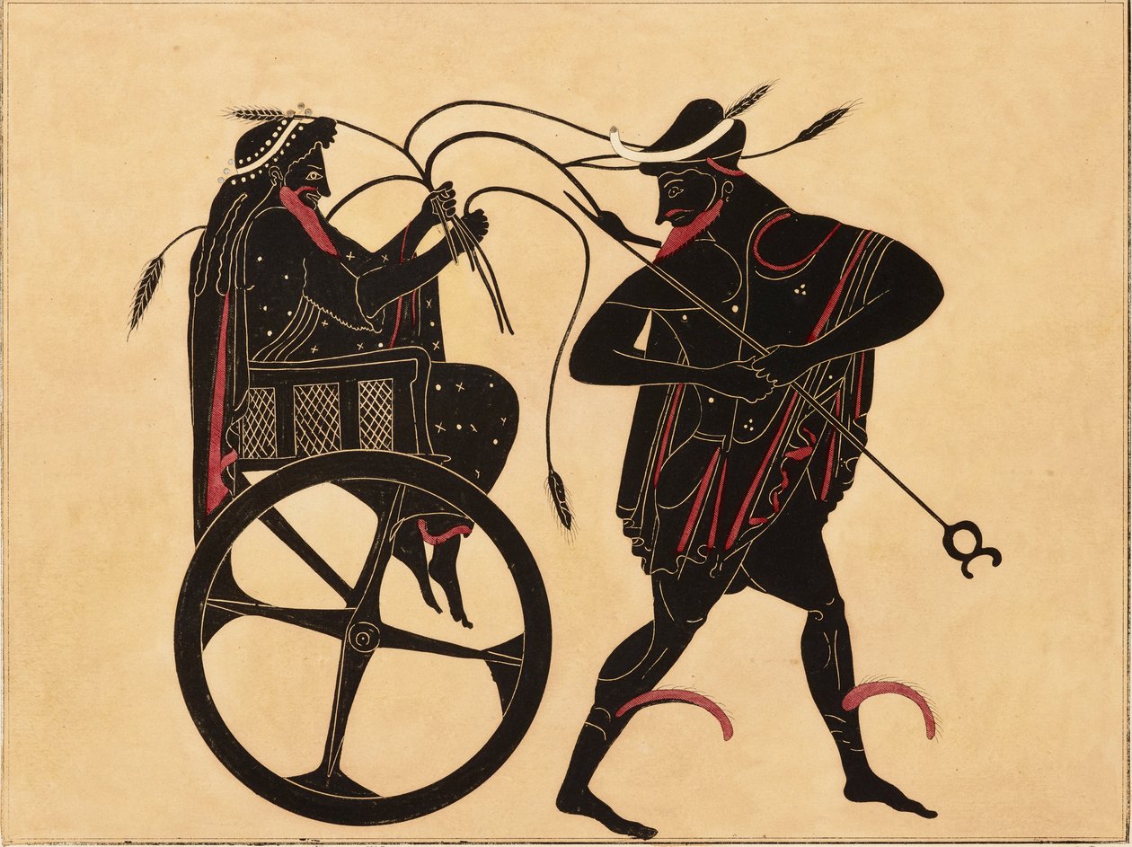 トリプトレモスとエルメスを示すギリシャのアンフォラの装飾の版画、c1858。 作： Fourquemin