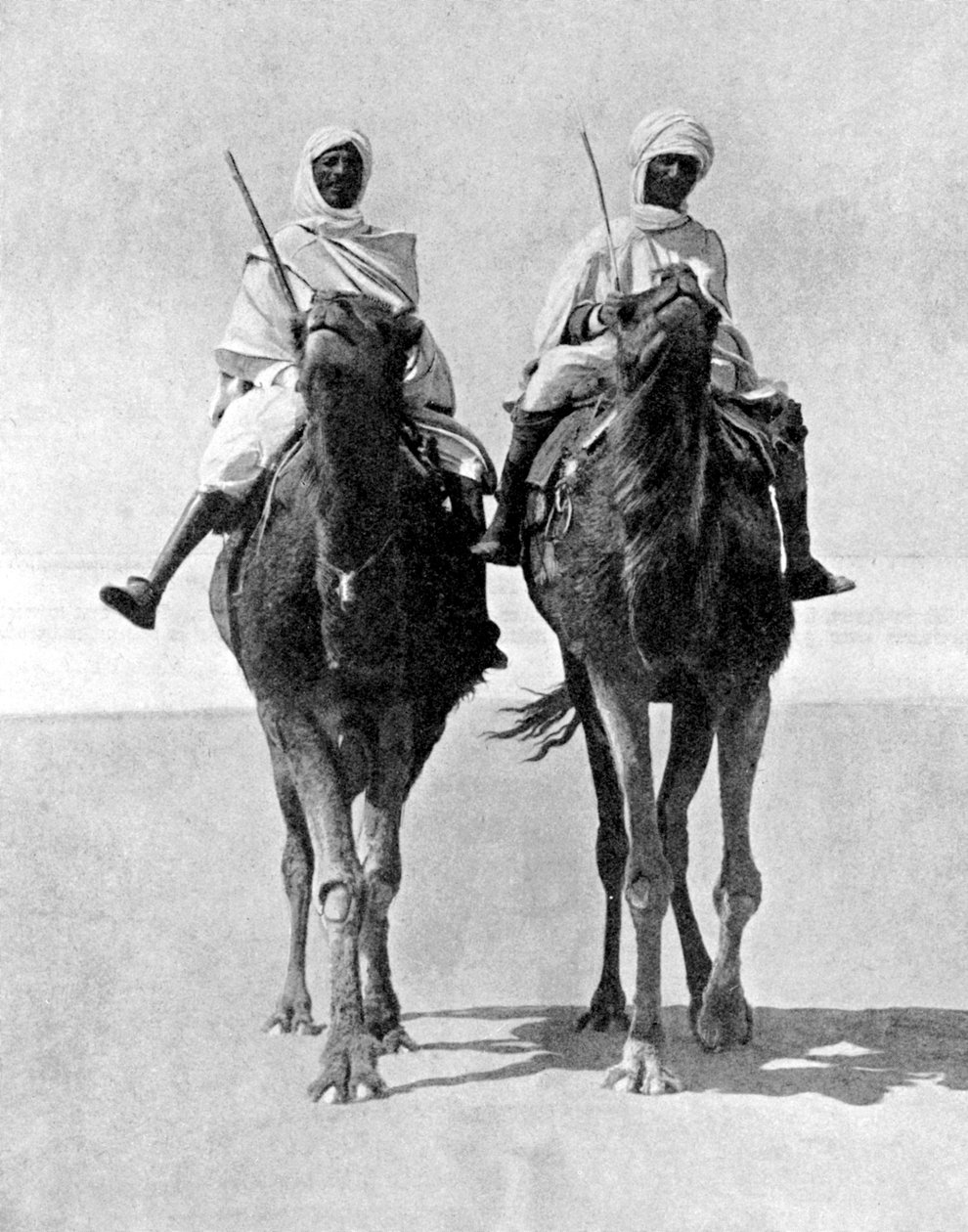 1936年にアフリカのサハラ砂漠でラクダに乗った2人のアラブ人。 作： フォックスの写真