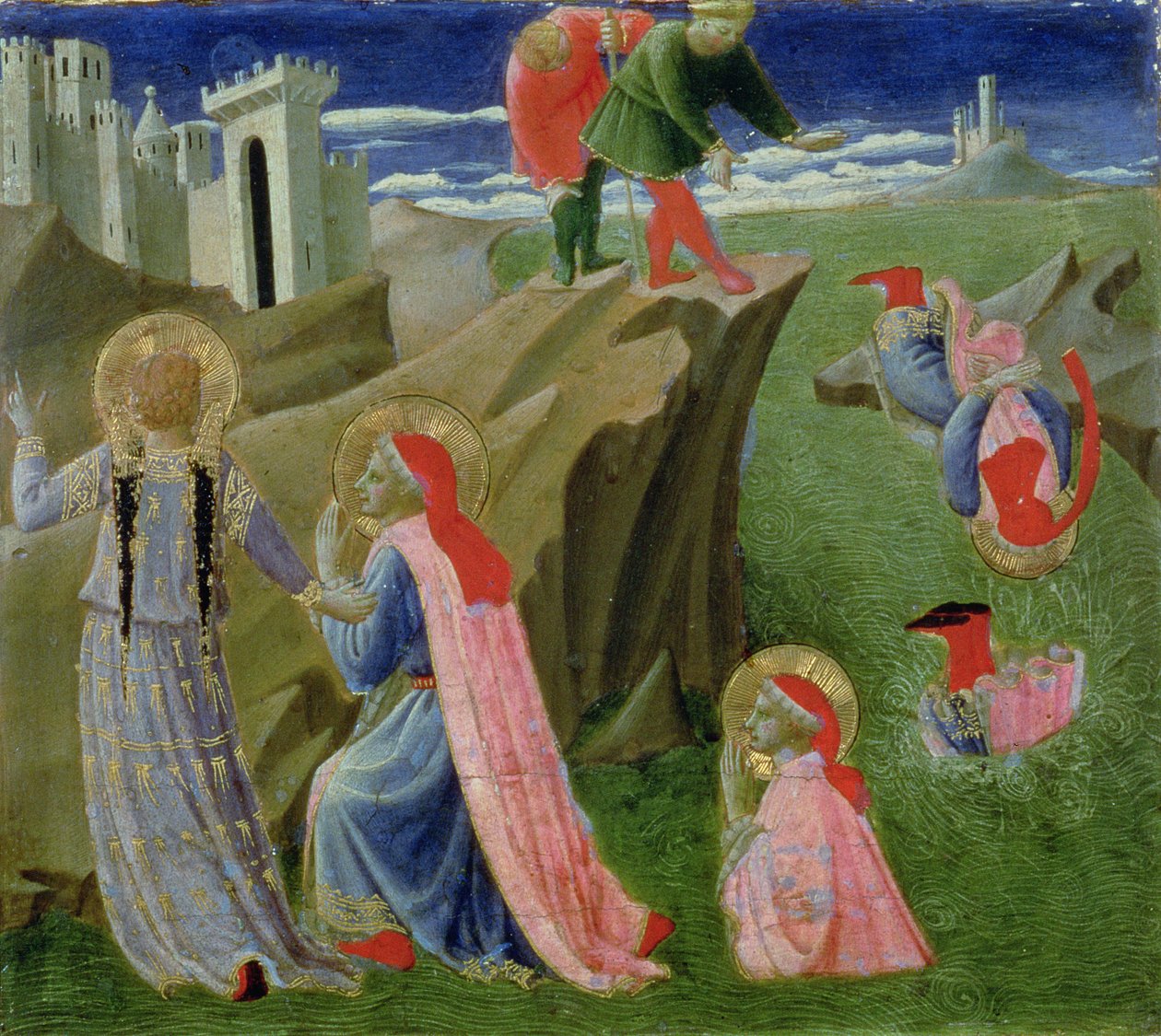溺死から救われた聖コスマスと聖ダミアン、アナレナ祭壇画のプレデラ、c.1434（パネル上のテンペラ） 作： フラアンジェリコ