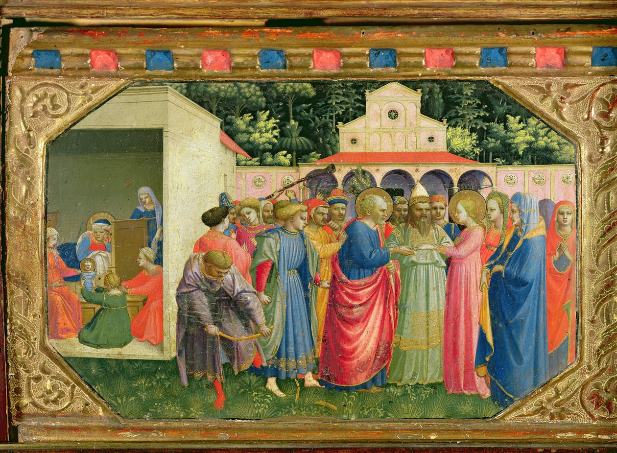 受胎告知の祭壇画のプレデラからの聖母の誕生と結婚、c.1430-32（テンペラとパネル上の金） 作： フラアンジェリコ