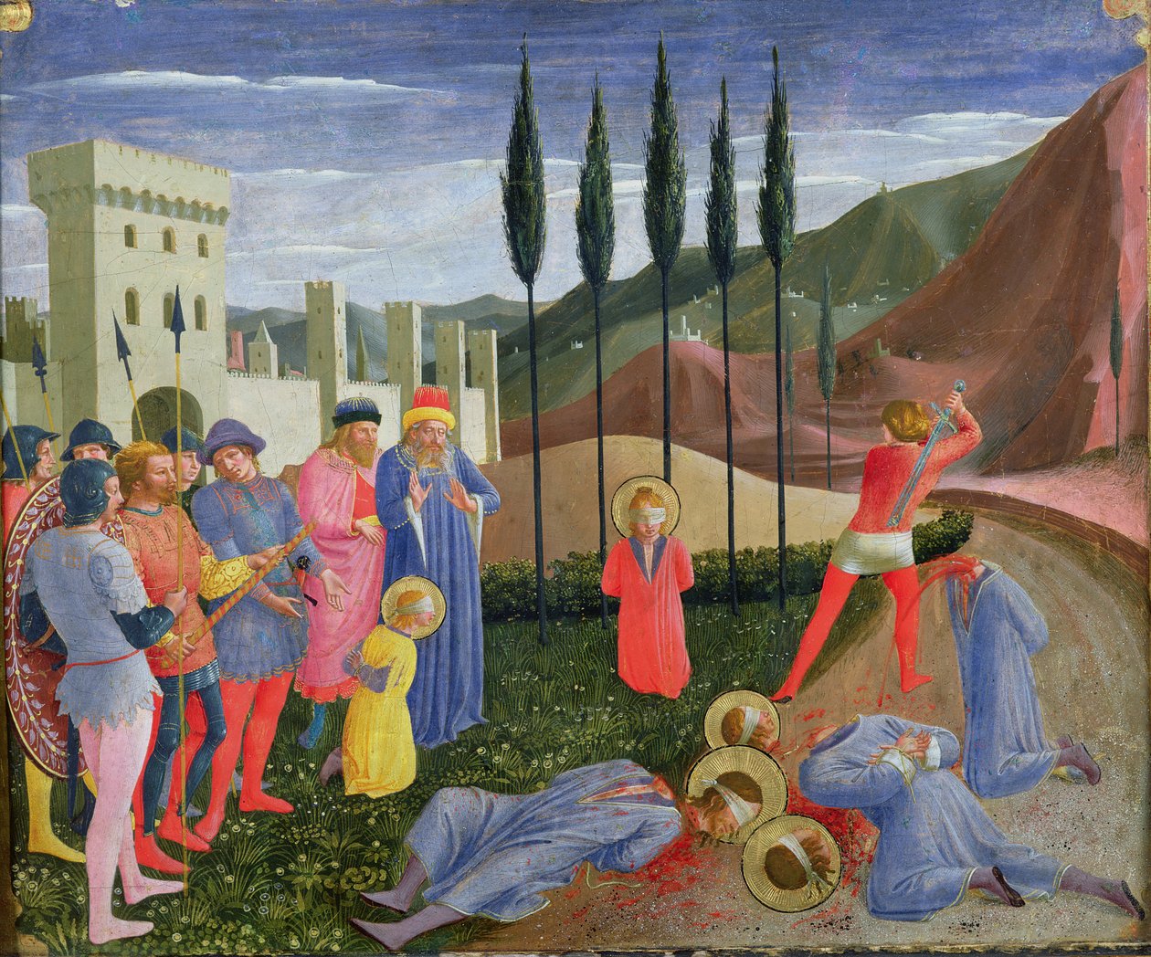 聖コスマスと聖ダミアンの殉教、サンマルコ祭壇画のプレデラ、1440年頃（パネル上のテンペラ） 作： フラアンジェリコ