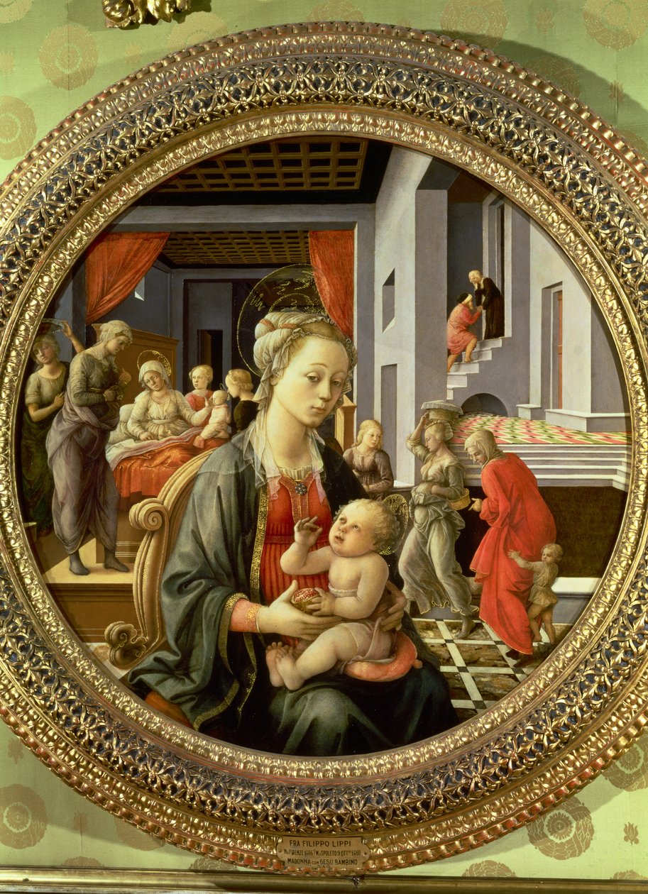 聖母の生涯からの場面を持つマドンナと子供、1452年（パネル上のテンペラ） 作： フラ・フィリッポ・リッピ
