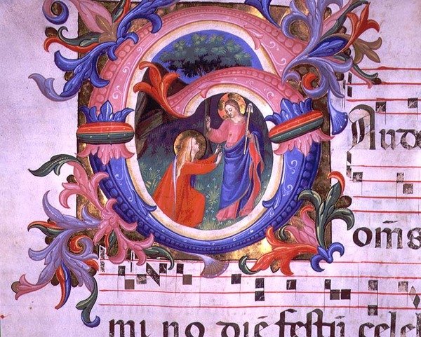 Ms 558 f.64v 「Noli Me Tangere」を描いた歴史的なイニシャル「G」、1430年代初頭のミサールの詳細（ヴェラム製） 作： フラ（c.1387-1455）アンヘリコ