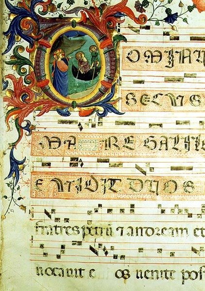 Ms 558 f.9r 聖ペテロと聖アンデレの召集を描いた歴史的なイニシャル「O」と楽譜、1430年代初頭のミサールのページの詳細（ヴェラム製）（詳細は78833と88929を参照） 作： フラ（c.1387-1455）アンヘリコ