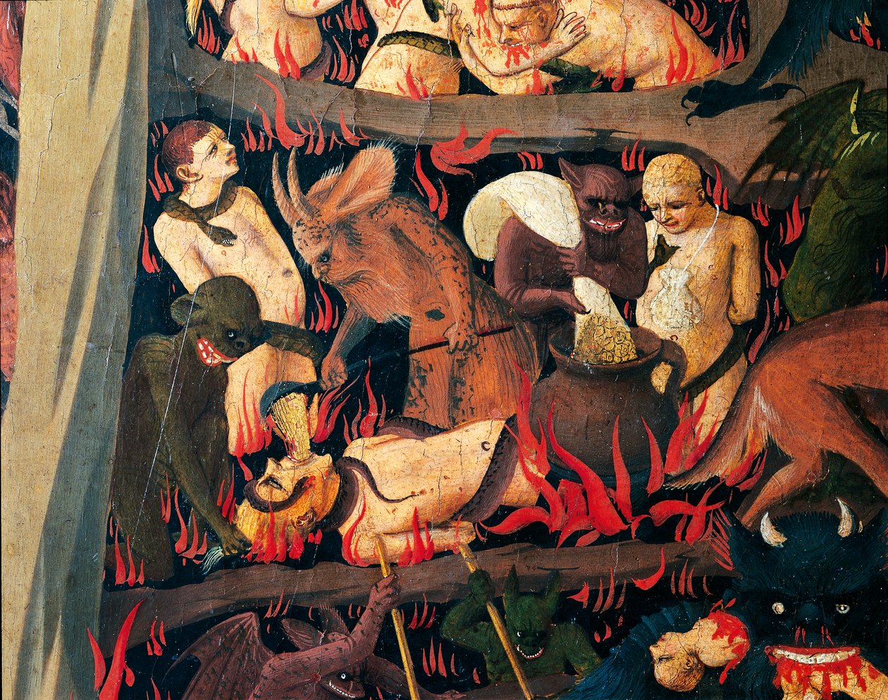 貪欲を罰する悪魔のいる地獄、フラ アンジェリコ (1400-1455 年頃) として知られるジョヴァンニ ダ フィエーゾレ作「最後の審判」の詳細、木にテンペラ 作： フラ（c.1387-1455）アンヘリコ
