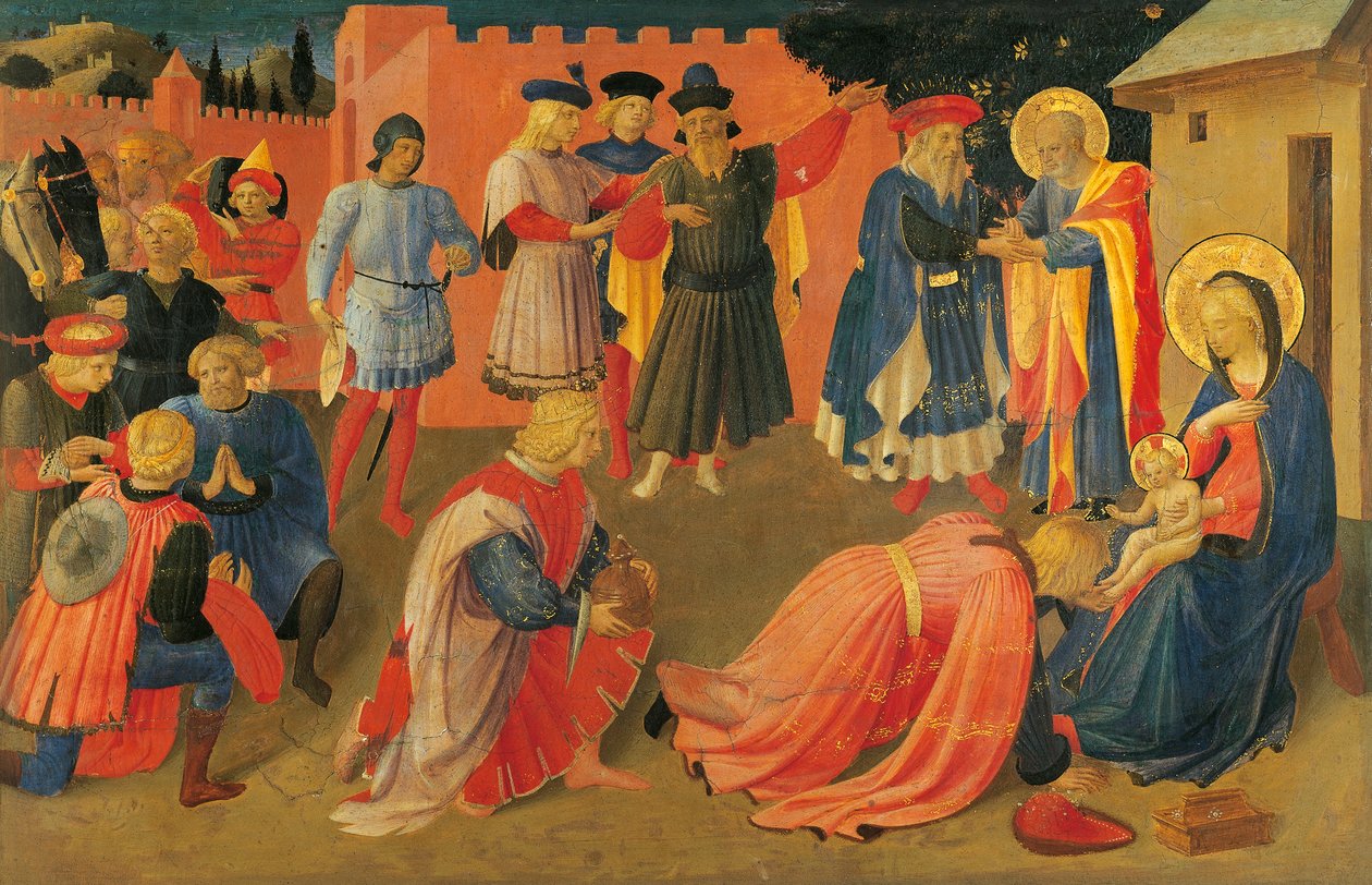 マギの礼拝、プレデラの中央パネルからの詳細、リネンドレーパーの幕屋 作： フラ（c.1387-1455）アンヘリコ