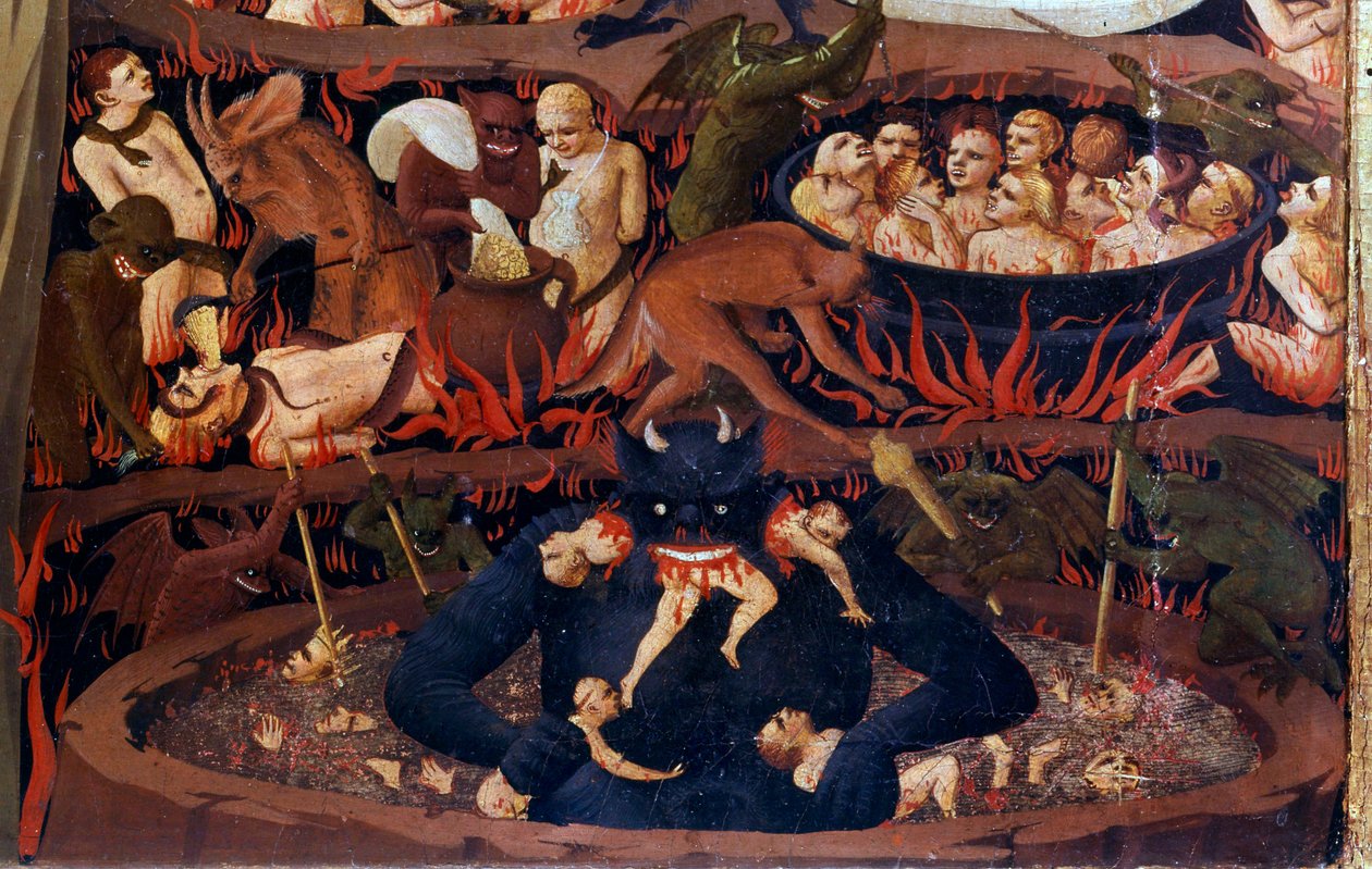 最後の審判: 冥界の詳細。地獄のサークルでのダメージ、悪魔による拷問。フラ・アンジェリコまたはイル・ベアト（1387-1455）と呼ばれるグイド・ディ・ピエトロ（またはフラ・ジョヴァンニ・ダ・フィエーゾレ）による木の上のデトレムの詳細 作： フラアンジェリコ