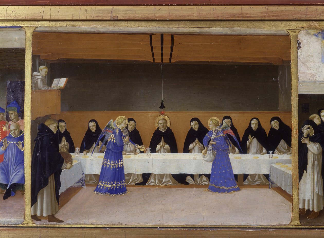Das Mahl der Mönche, serviert von den Engeln - der untere Teil (die Predella) der „Krönung der Jungfrau“ zeigt Christus am Grab und sechs Episoden aus dem Leben der Heiligen Dominica, Gründerin des Ordens, zu dem der Angelicode gehörte, von Guido di Pietro von Fra  Angelico