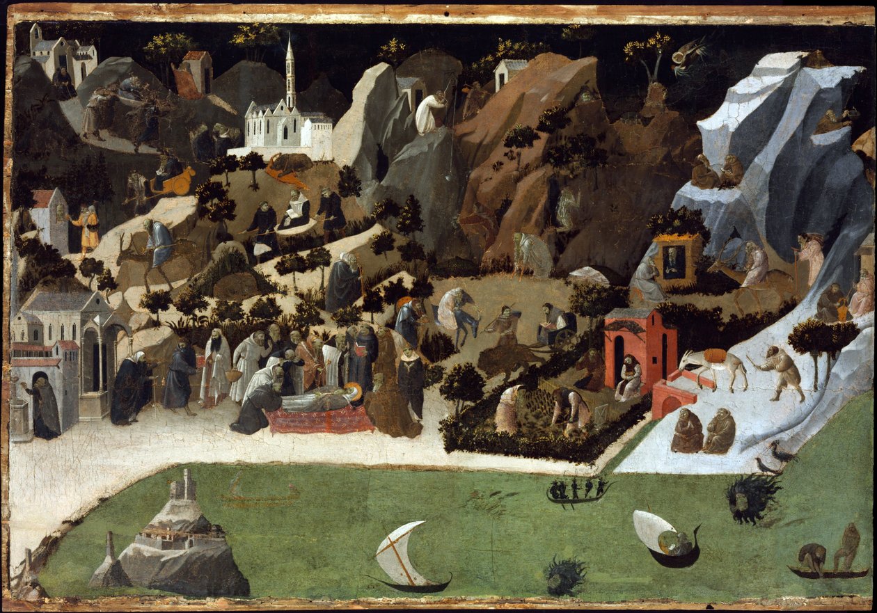 Thebaide - 砂漠の父の生活からのシーン (Thebaid) - Fra Angelico (1387-1455) による Fra Giovanni (Guido di Pietro) の絵画 - 1420 - パネル上のテンペラ - 73.8x1 cm - 美術館、ブダペスト 作： フラ（c.1387-1455）アンヘリコ