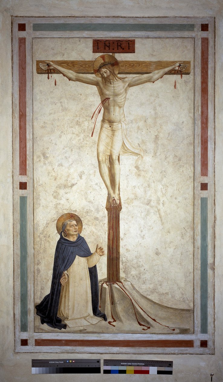 聖ドミニクとのはりつけ。十字架上の碑文「 "INRI"」。フレスコバイグイドディピエトロ 作： フラアンジェリコ