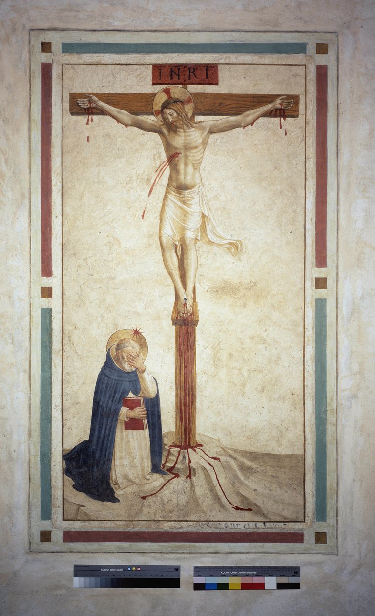 聖ドミニクとのはりつけ。十字架上の碑文「 "INRI"」。フレスコバイグイドディピエトロ 作： フラアンジェリコ