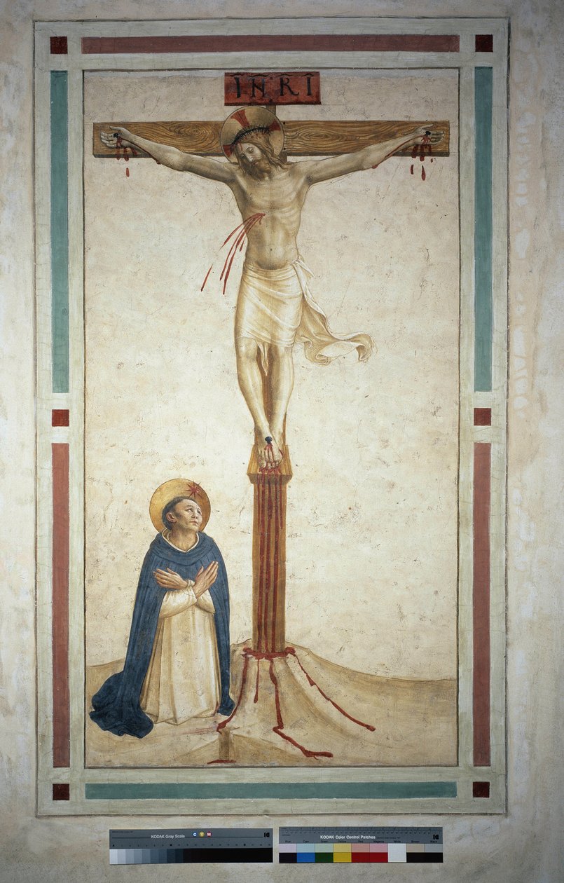 聖ドミニクとのはりつけ。十字架上の碑文「 "INRI"」。フレスコバイグイドディピエトロ 作： フラアンジェリコ
