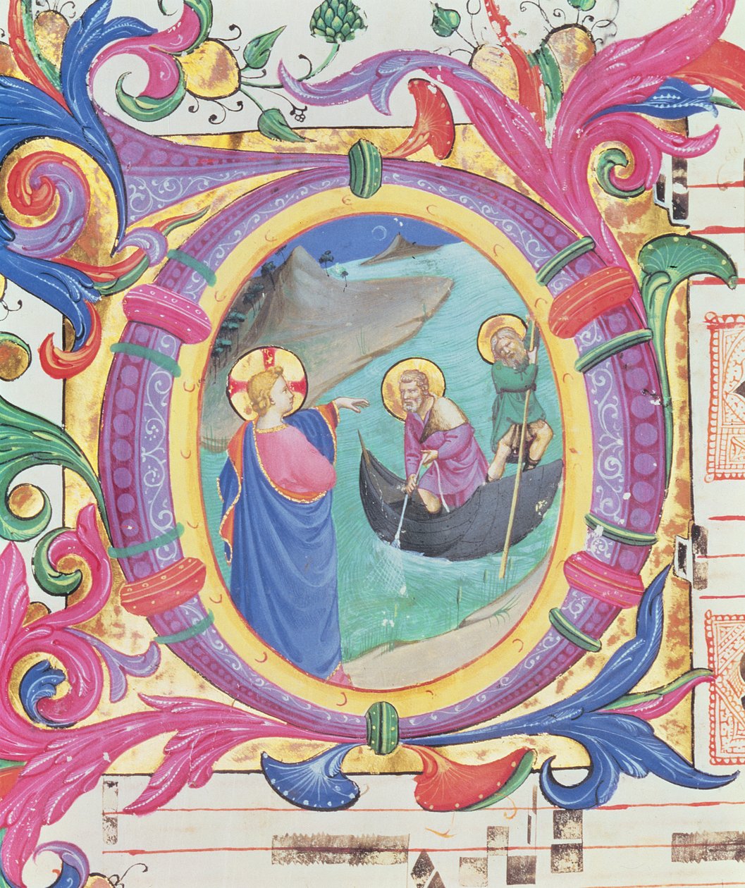 Missal 558 f.9r奇妙な魚のドラフトを描いた歴史的な頭文字O（88928の詳細） 作： フラアンジェリコ