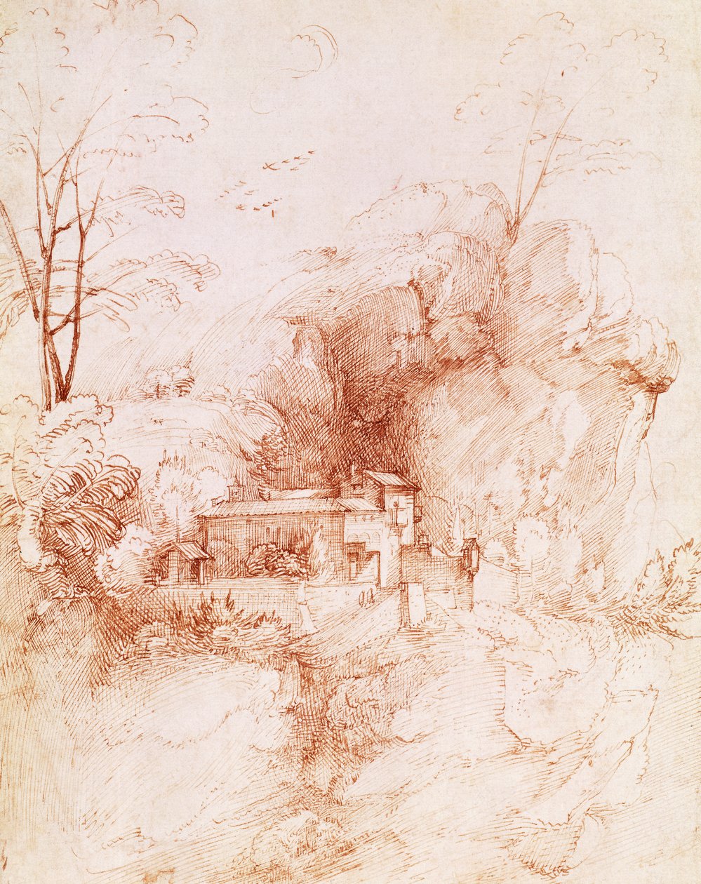 Fra Bartolomeo (1472-1517) が描いた、修道院のある岩の風景。 作： フラ・バルトロメオ