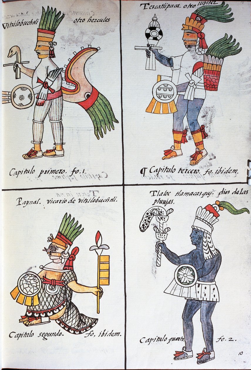 Götter der alten Mexikaner, Huitzilopochtli, Tezcatlipoca, Tlaloc und Paynal, Text auf Spanisch, aus Faksimile des Manuskripts Allgemeine Geschichte der Dinge von Neuspanien, auch bekannt als Florentiner Kodex, von Bernardino de Sahagun von Fra Bernadino da Sahagun