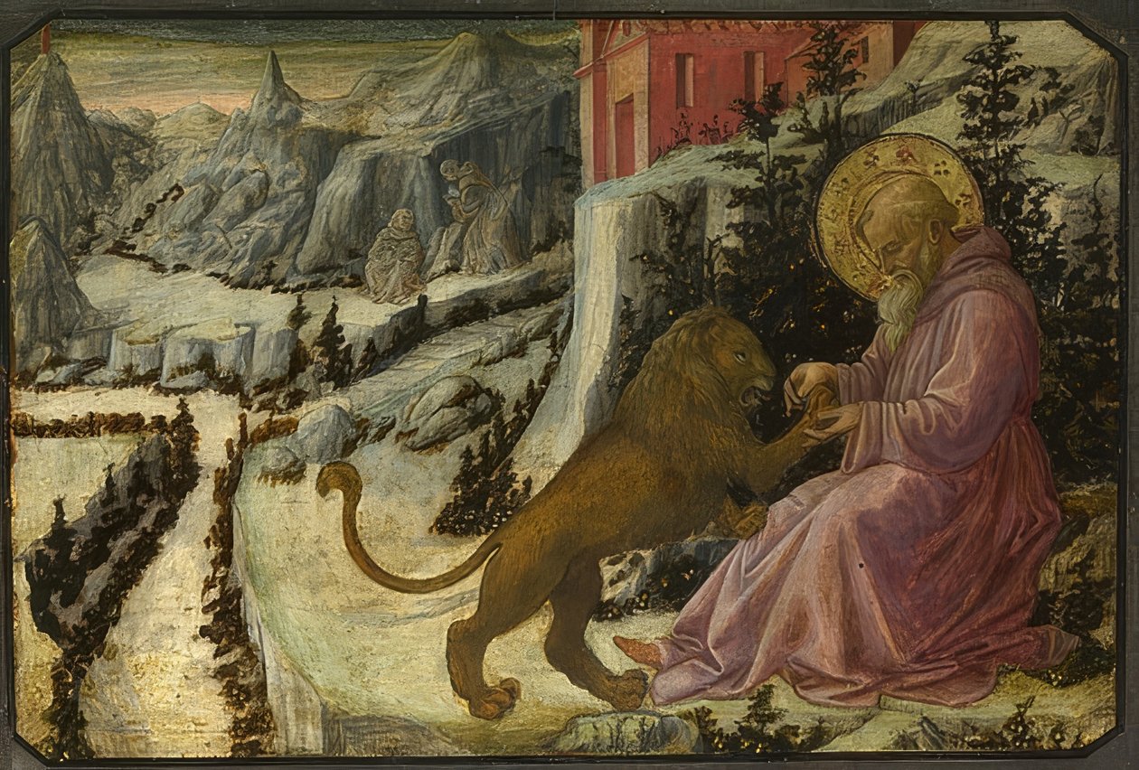 聖ジェロームとライオン（ピストイアのサンタトリニタの祭壇画のプレデラ）。 1455-60                                    アート作品の構成