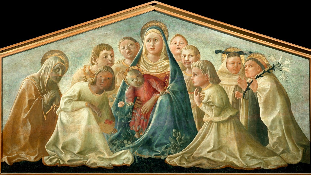 聖人と天使に囲まれた「フミリットの聖母」 フィリッポ・リッピ（約1406-1469）の絵画 1432年 約日。89x167,5 cm ミラノ、カステッロ美術館（Musei del Castello 作： フラ・フィリッポ・リッピ