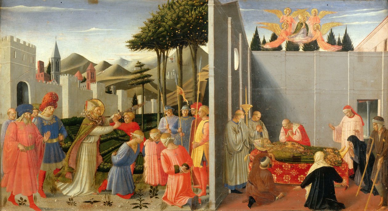 聖ニコラスは、1437年頃、ペルージャの祭壇画から死刑を宣告された罪のない男を解放します。 作： フラジョヴァンニアンジェリコダフィエゾレ