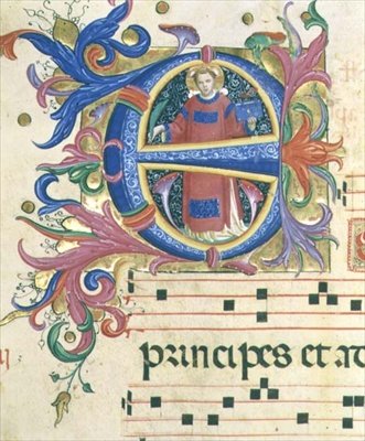 ミサール 558 f.156v 聖ステファノを描いたヒストリカルなイニシャル「E」。 作： フラとストロッツィザノビディベネデットアンジェリコ