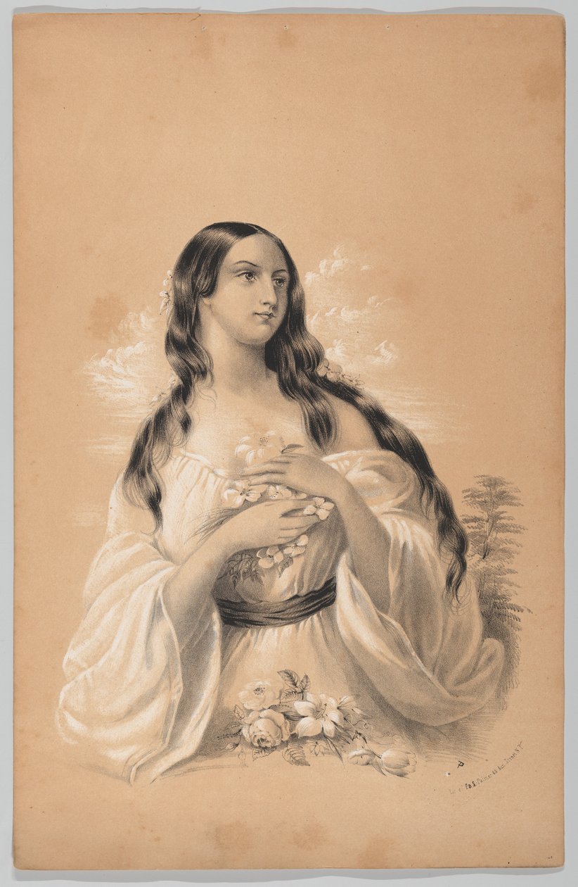 花を持つ女性、The New York Drawing Book、一連のオリジナル デザインを含む...、1847 年。 作： フランシスフローラボンドパーマー