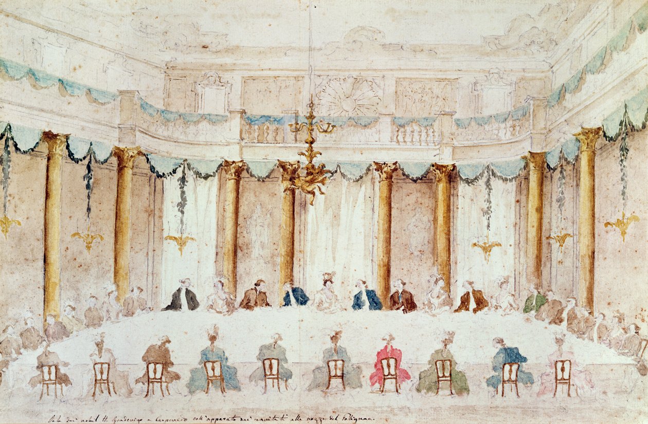 アルマンドの結婚を祝うお祝いのディナー（1771-1847）ポリニャック公爵、ノイキルヒェンの男爵夫人、カルペネド、1790年にノイキルヒェンのイダリア（紙の上にペンとインクでグラファイトの上にトイレ） 作： フランチェスコ・グアルディ