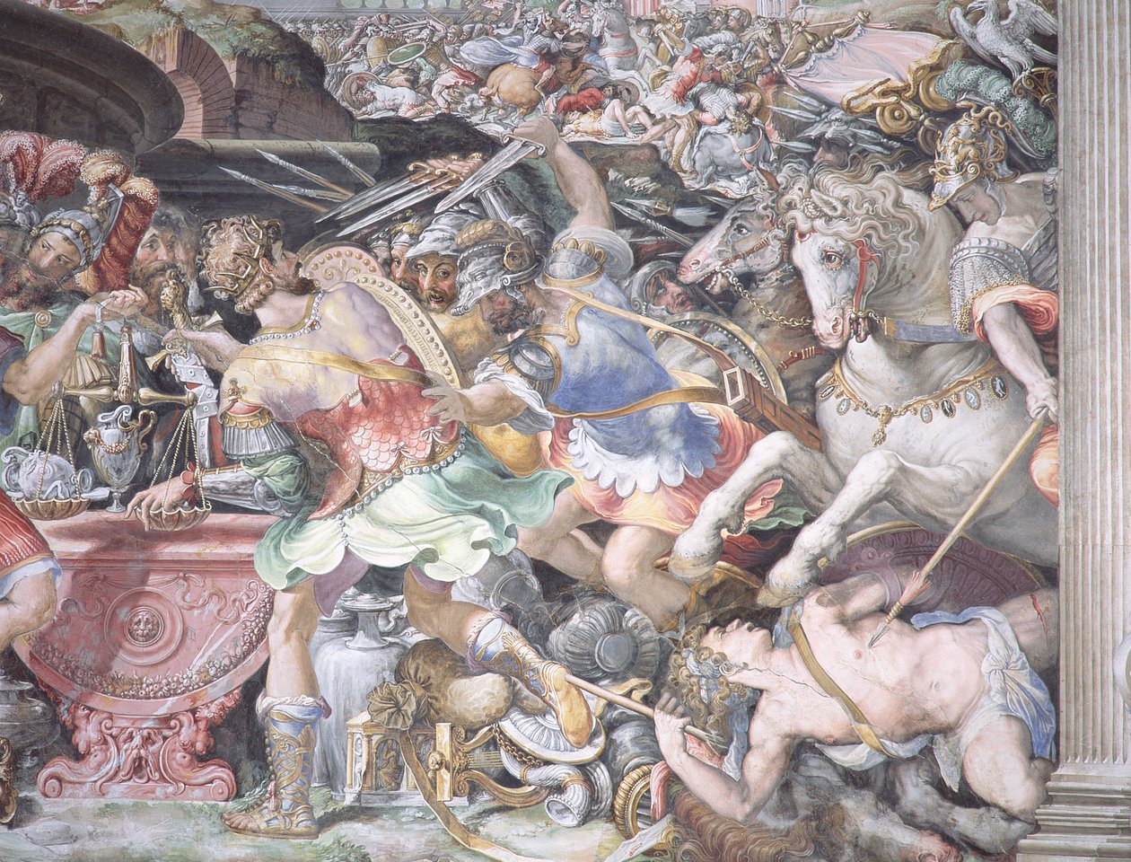 金の計量を禁ずる、「フューリアスカミルスの物語」のシーン、1545年 作： フランチェスコ・デ・ロッシ・サルヴィアーティ・チェッキーノ