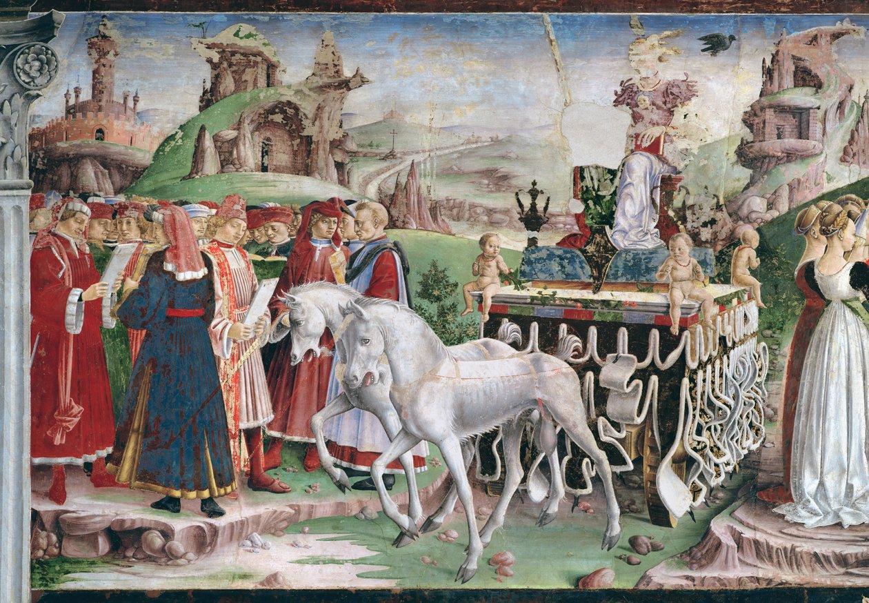 ミネルバの勝利：月、月の部屋からの行進、戦車とサーヴァントのグループの詳細、c.1467-70 作： フランチェスコ・デル・コッサ