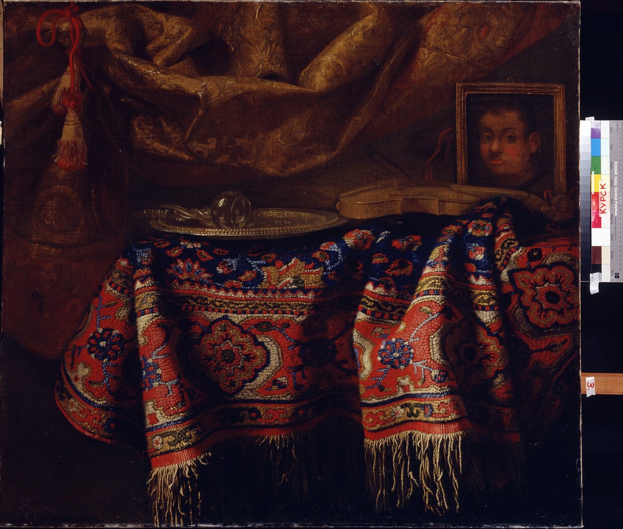 自画像のある静物。 （自画像のある静物）。 フランチェスコ・フィエラヴィーノ (1610 年から 1660 年) の絵画。 イタリアの芸術、バロック様式。 Regional A. Deineka Art Gallery、クルスク、ロシア 作： フランチェスコ（b.1640）フィエラヴィーノ