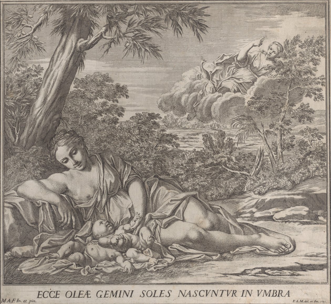 ラトナと眠っている双子のアポロとダイアナ、1705 年。 作： フランチェスコ・アントニオ・メローニ