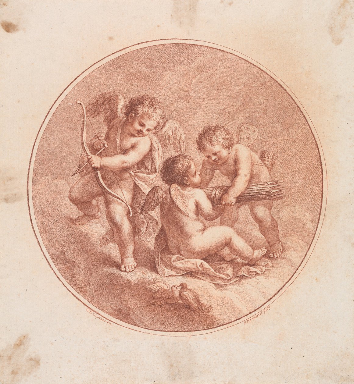 Drei Cupidos mit Bögen und Pfeilen und zwei Tauben 作： フランチェスコ・バルトロッツィ