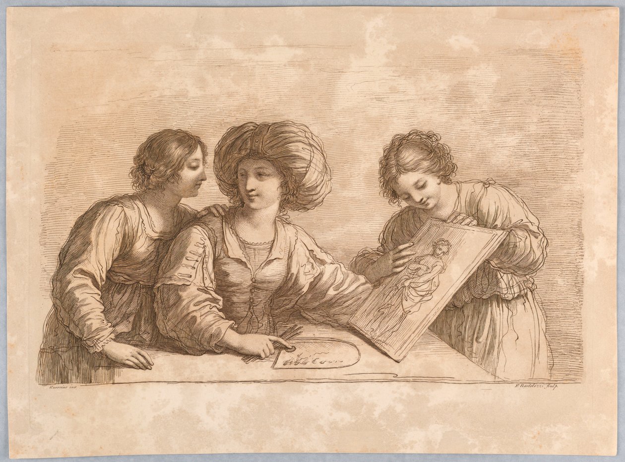 パレットとデザインの下絵を持つ 3 人の女性 作： フランチェスコ・バルトロッツィ