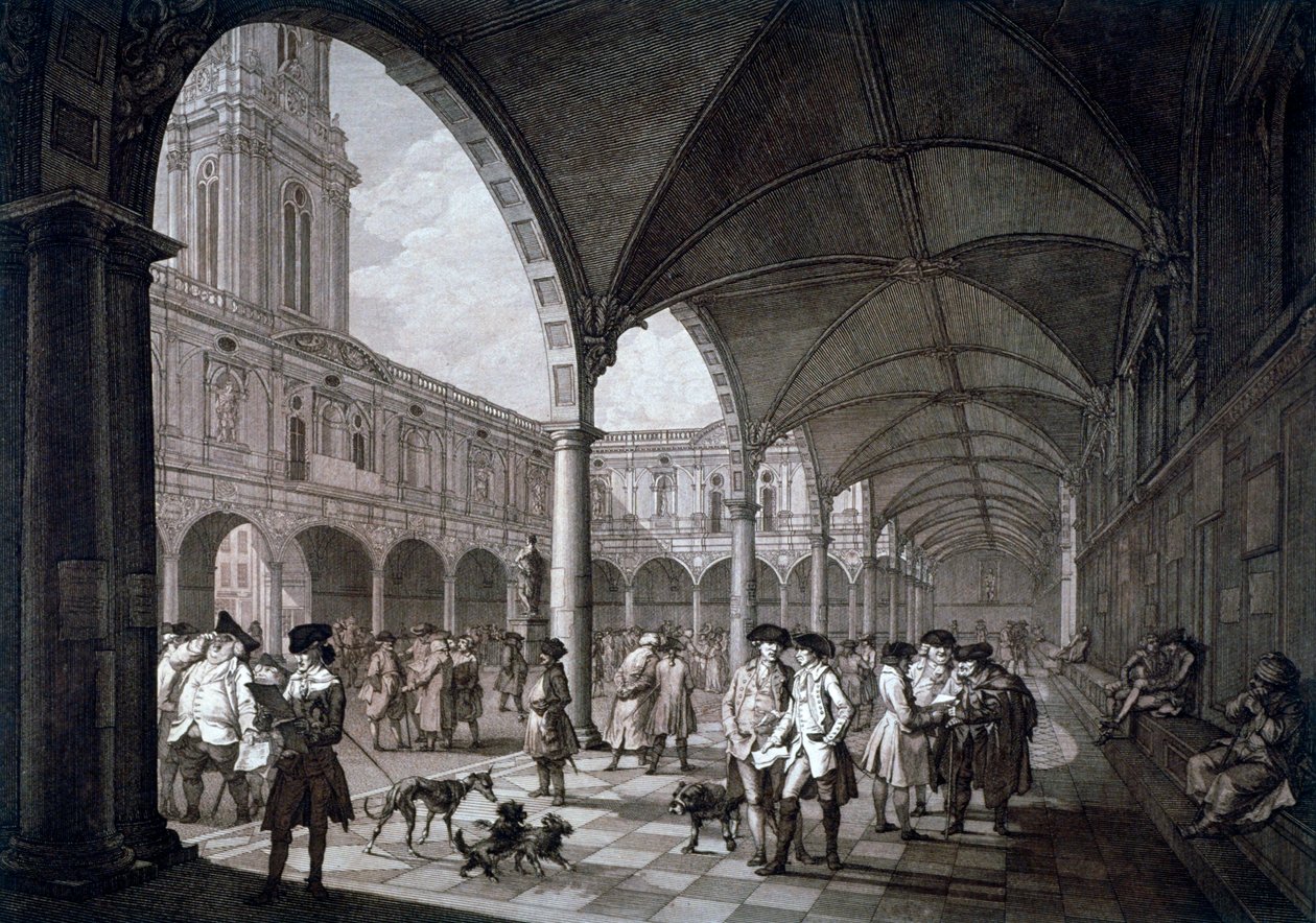 王立証券取引所の中庭の眺め、商人や仲買人、ロンドン市、1788 年 作： フランチェスコ・バルトロッツィ