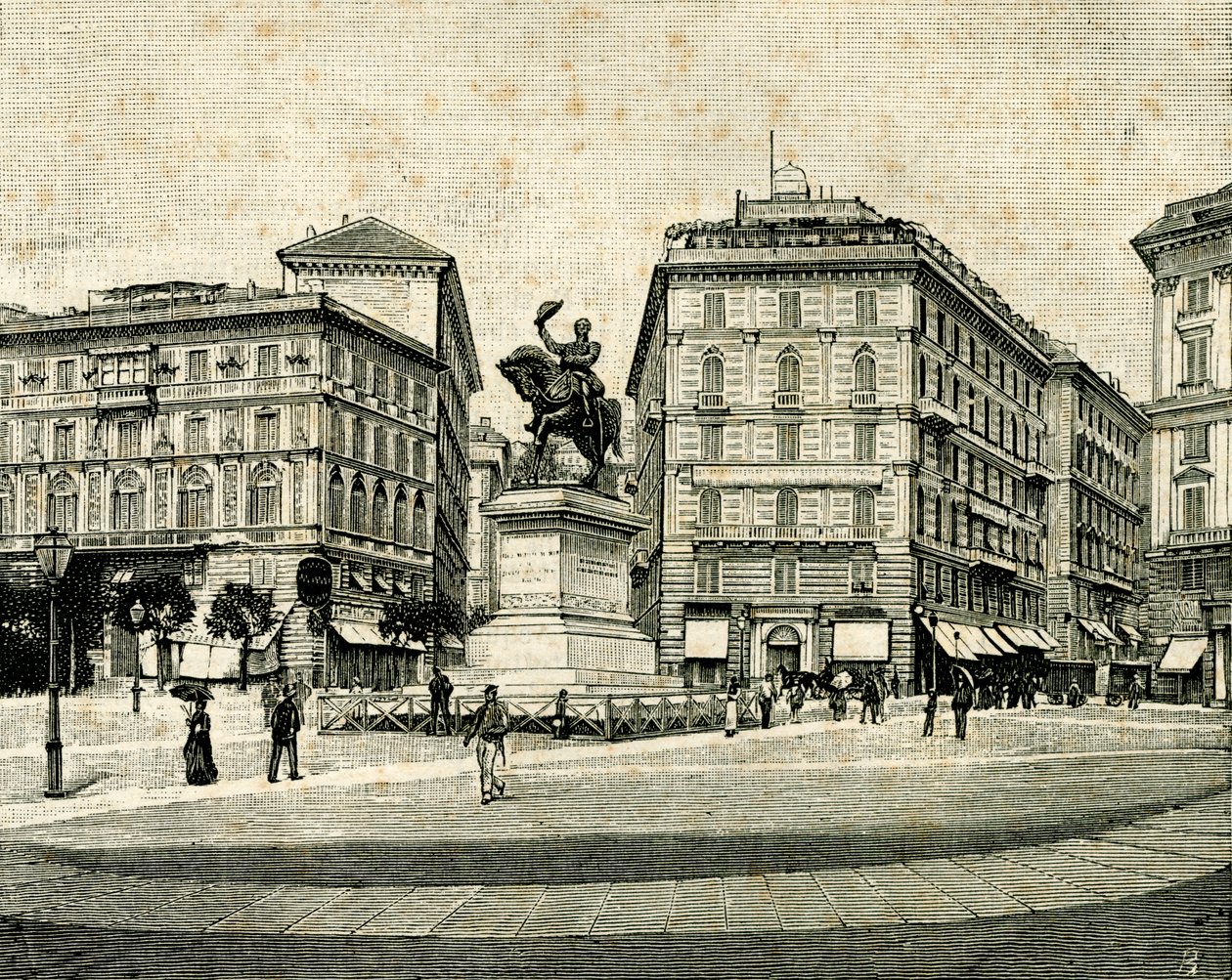ヴィクトル エマヌエル 2 世 (1820-1878) の記念碑、Francesco Barzaghi (1839-1892) 作、Piazza Corvetto、ジェノヴァ、リグーリア州、イタリア 作： フランチェスコ・バルザギ
