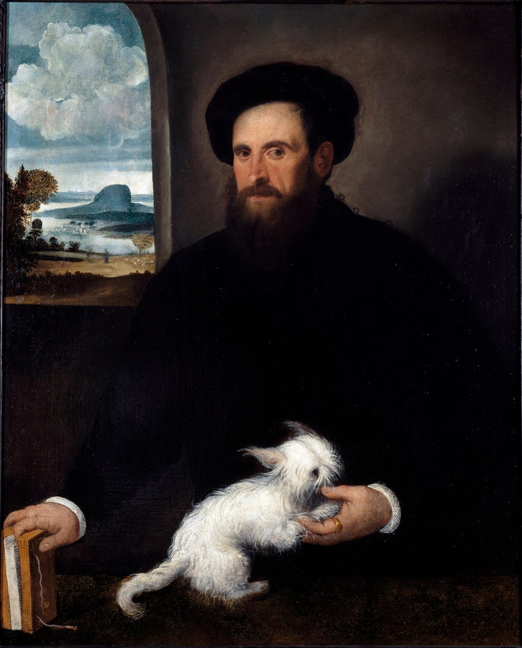 小犬を連れた紳士の肖像 フランチェスコ・ベッカルッツィ（約1492-1563）の絵画 1540年頃 薄暗い。101x84 cm ミラノ、Civiche Raccolte del Castello Sforzesco 作： フランチェスコ・ベカルッツィ