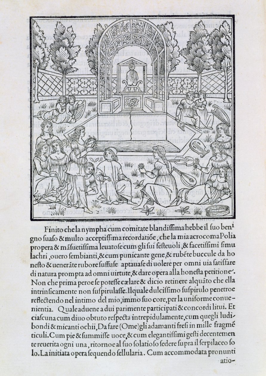 ポリアの恋人とニンフ、フランチェスココロンナ作「ヒプネロトマキアポリフィリ」のコピーからのイラスト（c.1432-1527） 作： フランチェスコ・コロンナ