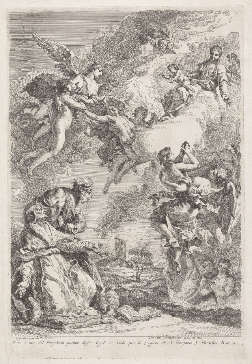 聖グレゴリオ大王と聖ヒエロニムスが煉獄で魂のために祈る Molte Anime del Purgatorio portate dagli Angeli in Cielo per le pregiere di S. Gregorio I. Pontefice Romano (オブジェクトのタイトル) 作： フランチェスコ・フォンテバッソ