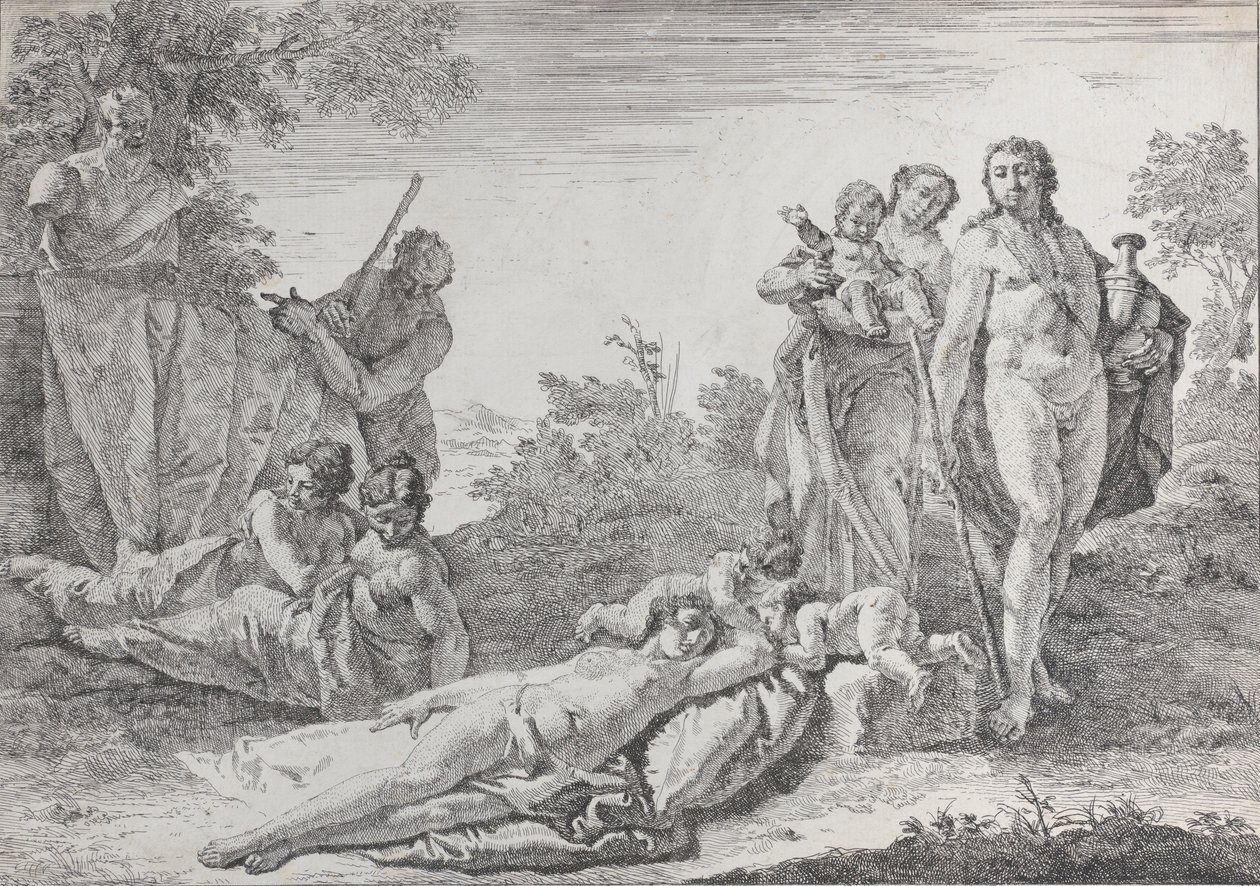 パンのヘルムの近くにいる 9 人の人物、「バカナルと歴史」、1744 年。 作： フランチェスコ・フォンテバッソ