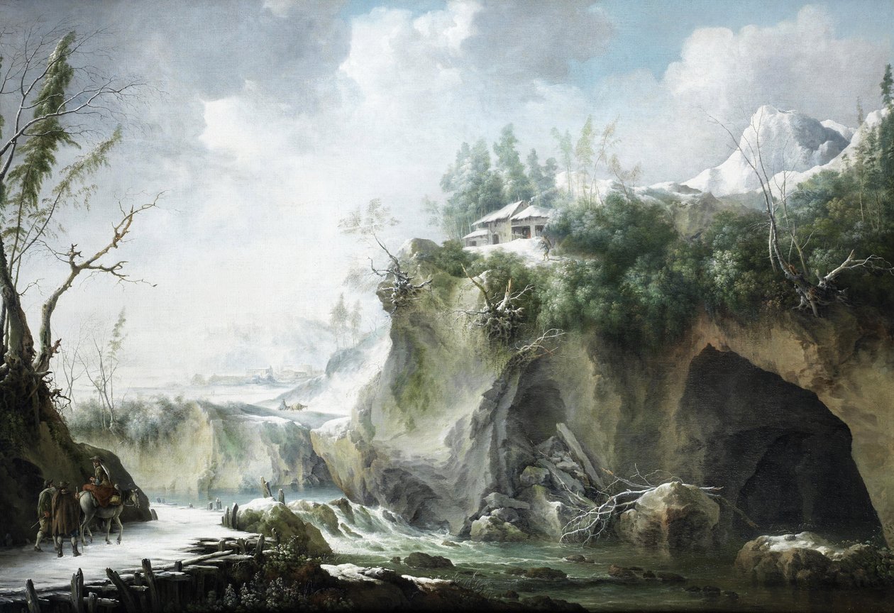 雪道を行く旅人と冬の川風景 作： フランチェスコ・フォスキ