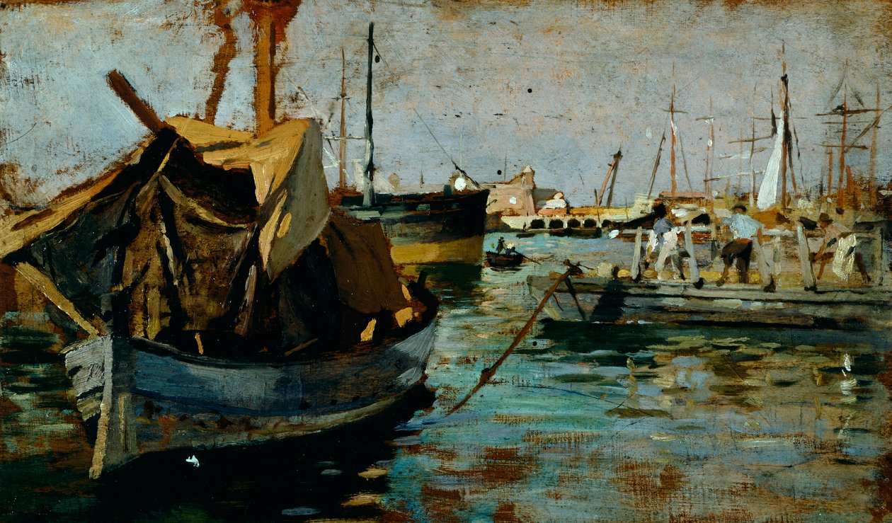 Francesco Gioli (1846-1922) によるリヴォルノ (レグホーン) の港での作業、パネルに油彩、22x38 cm 作： フランチェスコ・ジョーリ