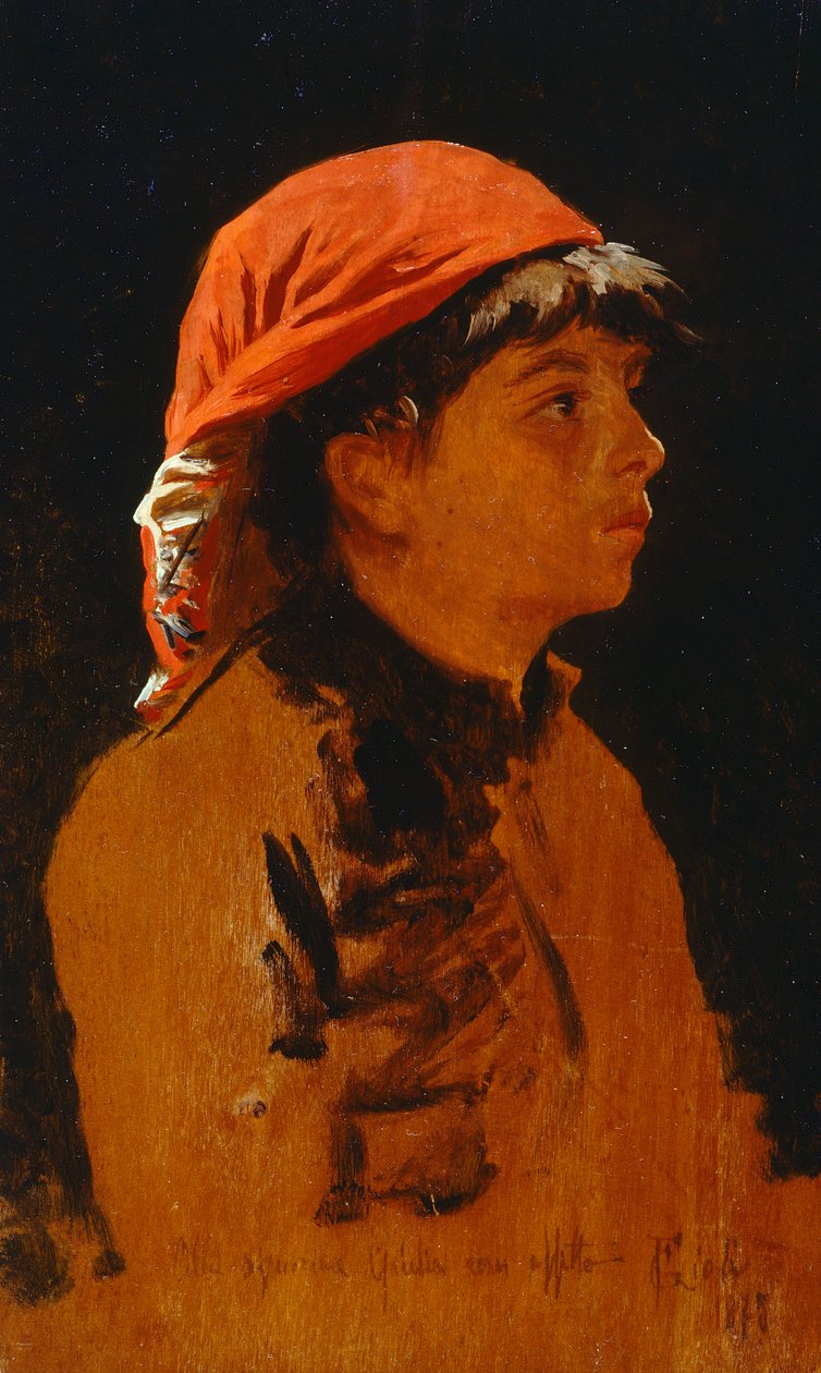 Francesco Gioli (1846-1922) の赤いスカーフ、パネルに油彩、28x17 cm 作： フランチェスコ・ジョーリ