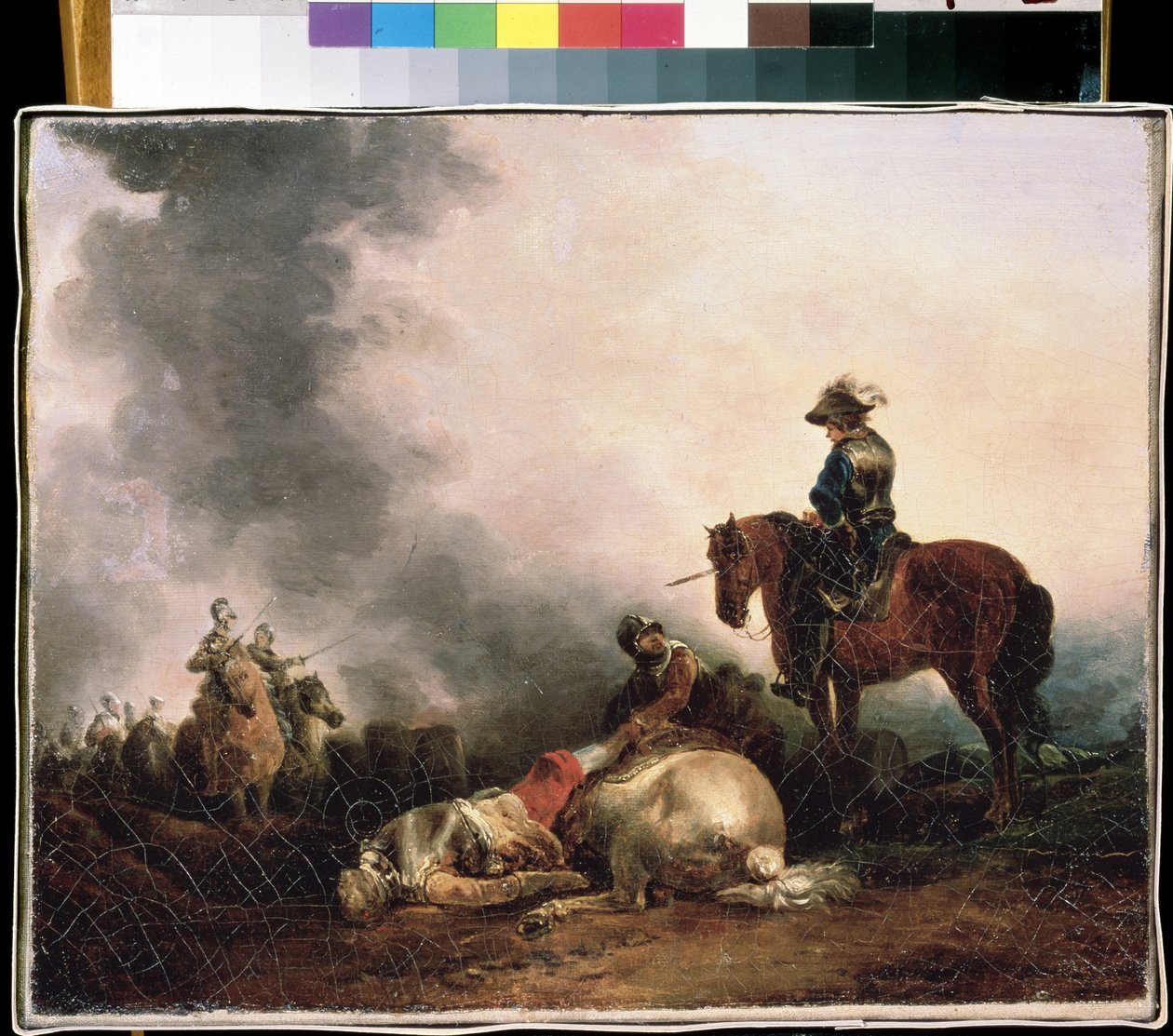 ""After the battle"" (戦いの後) 戦争の比喩、戦士が殺す。 Francesco Giuseppe Casanova (1727-1802) の絵画 Mikhail Kroshitsky Art Museum、Sevastopol (Sevastopol) ウクライナ 作： フランチェスコ・ジュゼッペ・カサノバ