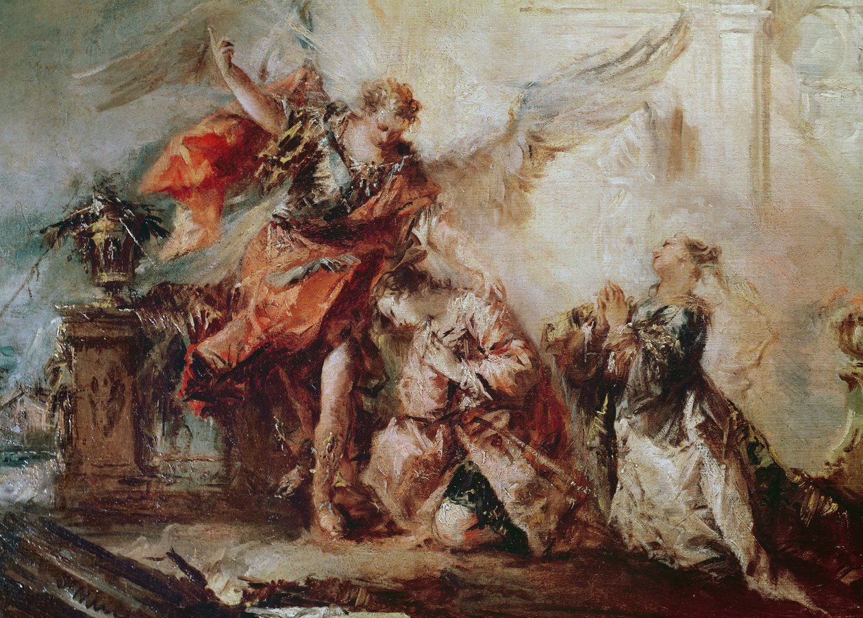 トビアスの結婚、ラファエロの仲介前のカップルのサラとトビアスの詳細、神への感謝、c.1750 作： フランチェスコ・グアルディ